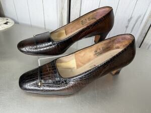 Vintage Florsheim Brown Leather Croco Print Block Heel Size 9.5 80s